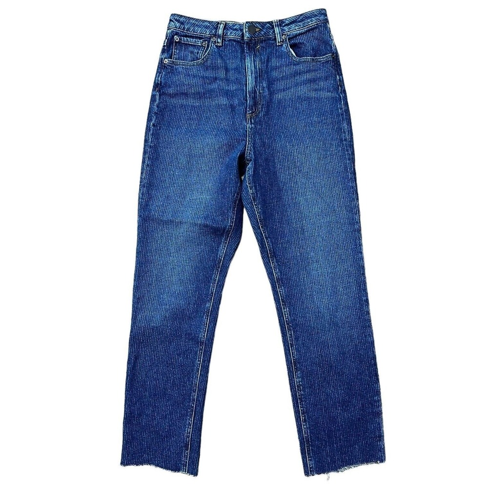 ASOS 30 36 Jeans High Rise Straight Leg Textured Stripe Raw Hem Blue Denim